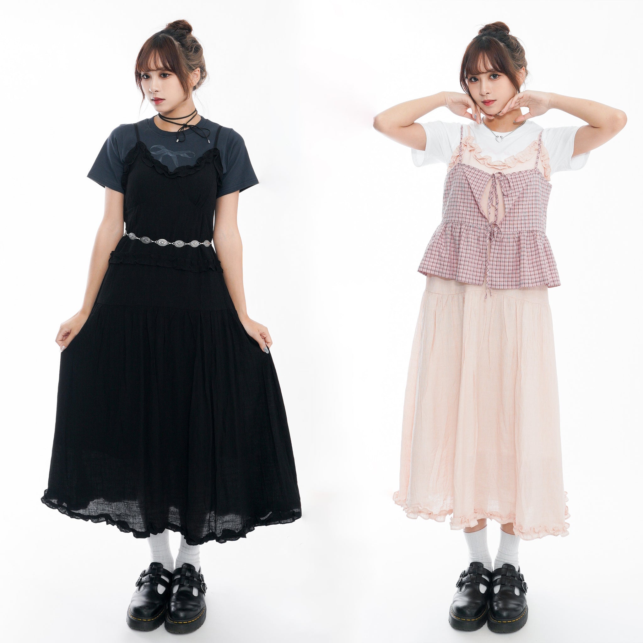 RUFFLED LAYERED FRILL SHIRRING LONG DRESS/ 2色