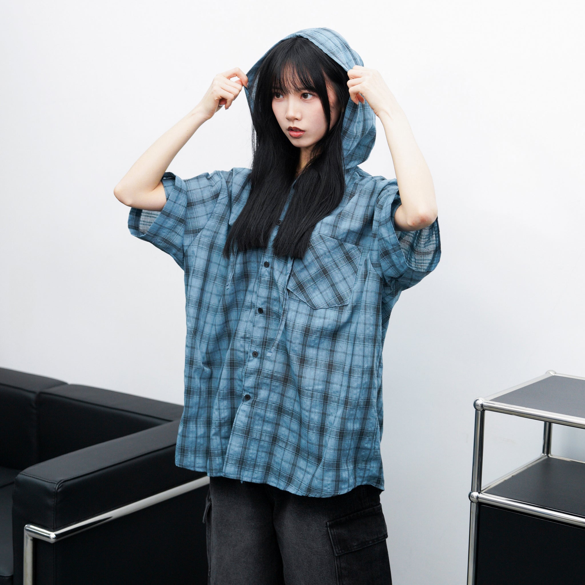 [UNISEX] CHECKED BUTTON-UP HOODED SHIRT/ 1色