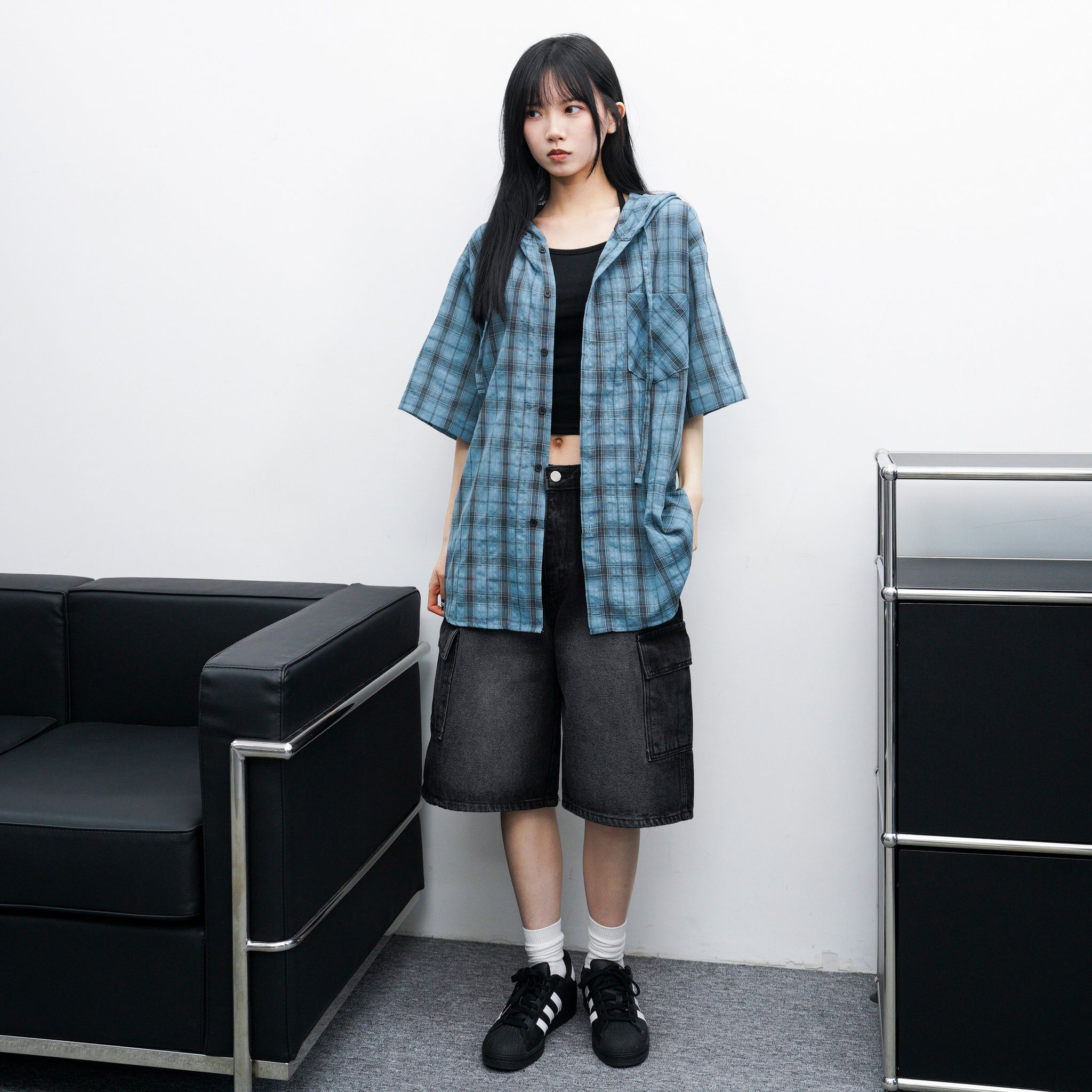 [UNISEX] CHECKED BUTTON-UP HOODED SHIRT/ 1色