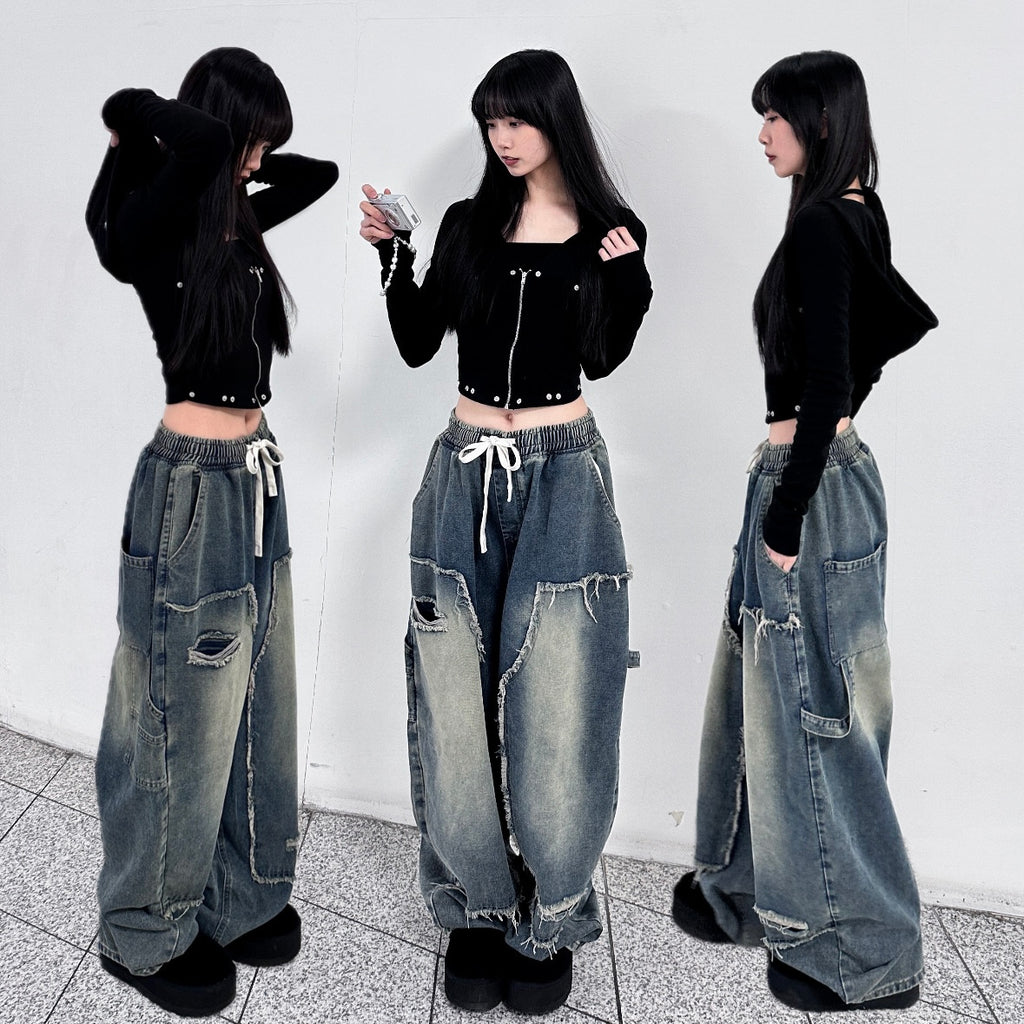 [BEST] UNISEX做舊復古蘇蘇邊SUPER WIDE DENIM PANTS/ 2色