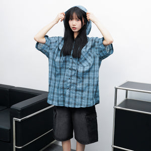 [UNISEX] CHECKED BUTTON-UP HOODED SHIRT/ 1色