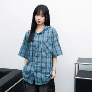 [UNISEX] CHECKED BUTTON-UP HOODED SHIRT/ 1色