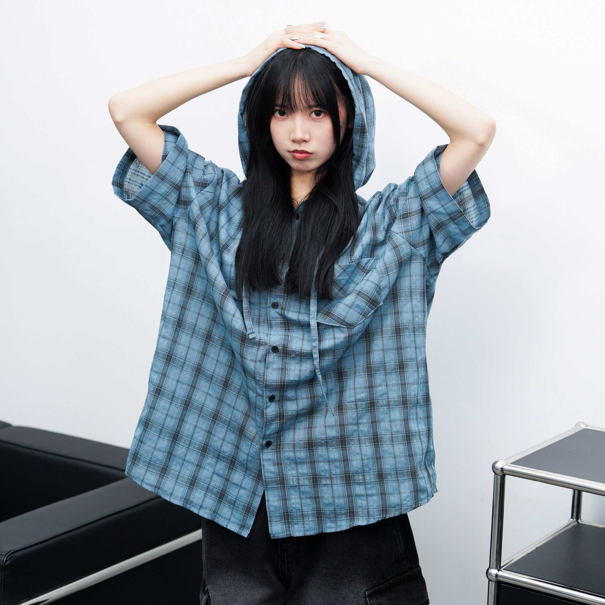 [UNISEX] CHECKED BUTTON-UP HOODED SHIRT/ 1色