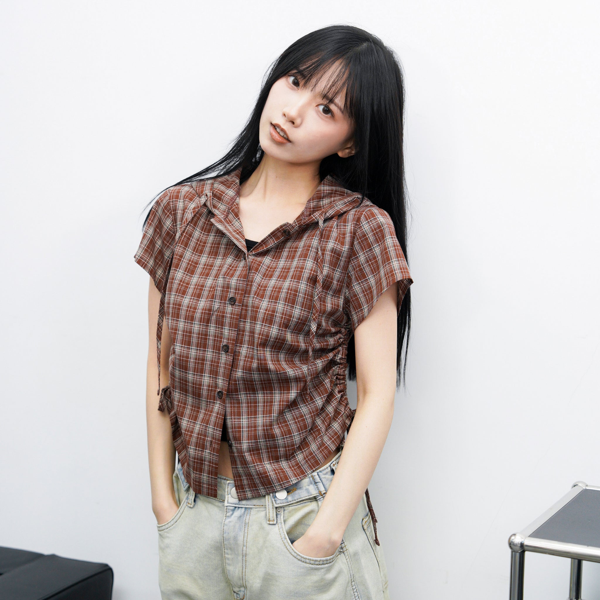 [BEST] SHIRRING LAYERED CHECKED BUTTON-UP HOODED SHIRT/ 2色