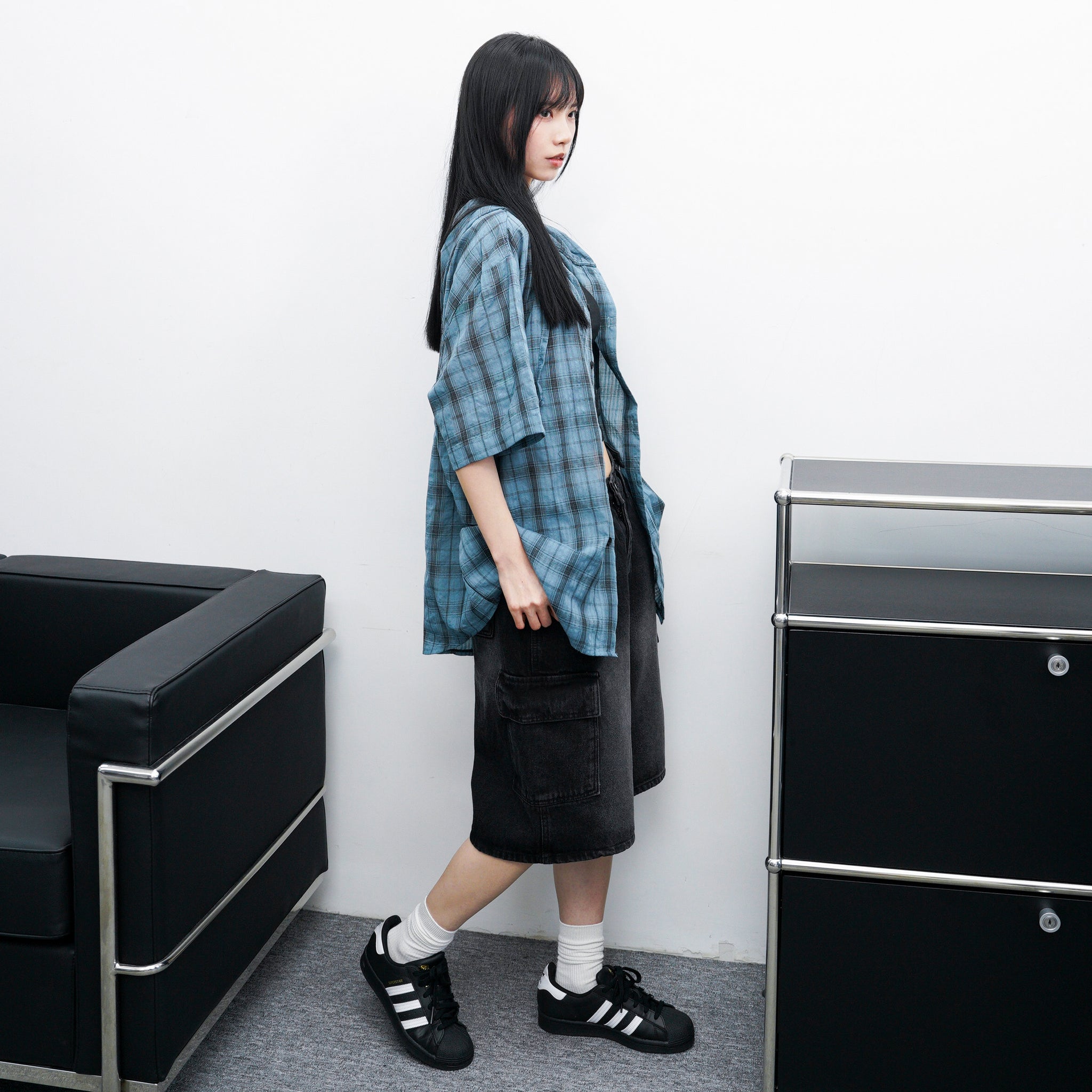 [UNISEX] CHECKED BUTTON-UP HOODED SHIRT/ 1色