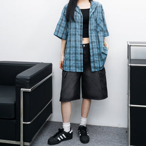 [UNISEX] CHECKED BUTTON-UP HOODED SHIRT/ 1色