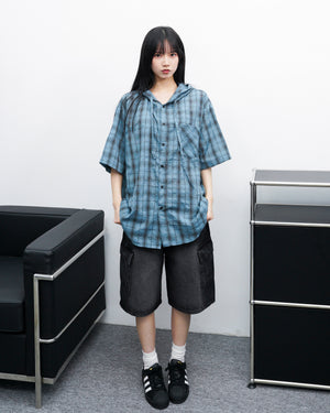 [UNISEX] CHECKED BUTTON-UP HOODED SHIRT/ 1色