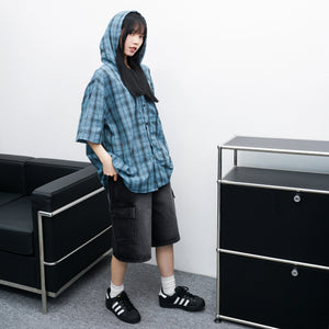 [UNISEX] CHECKED BUTTON-UP HOODED SHIRT/ 1色