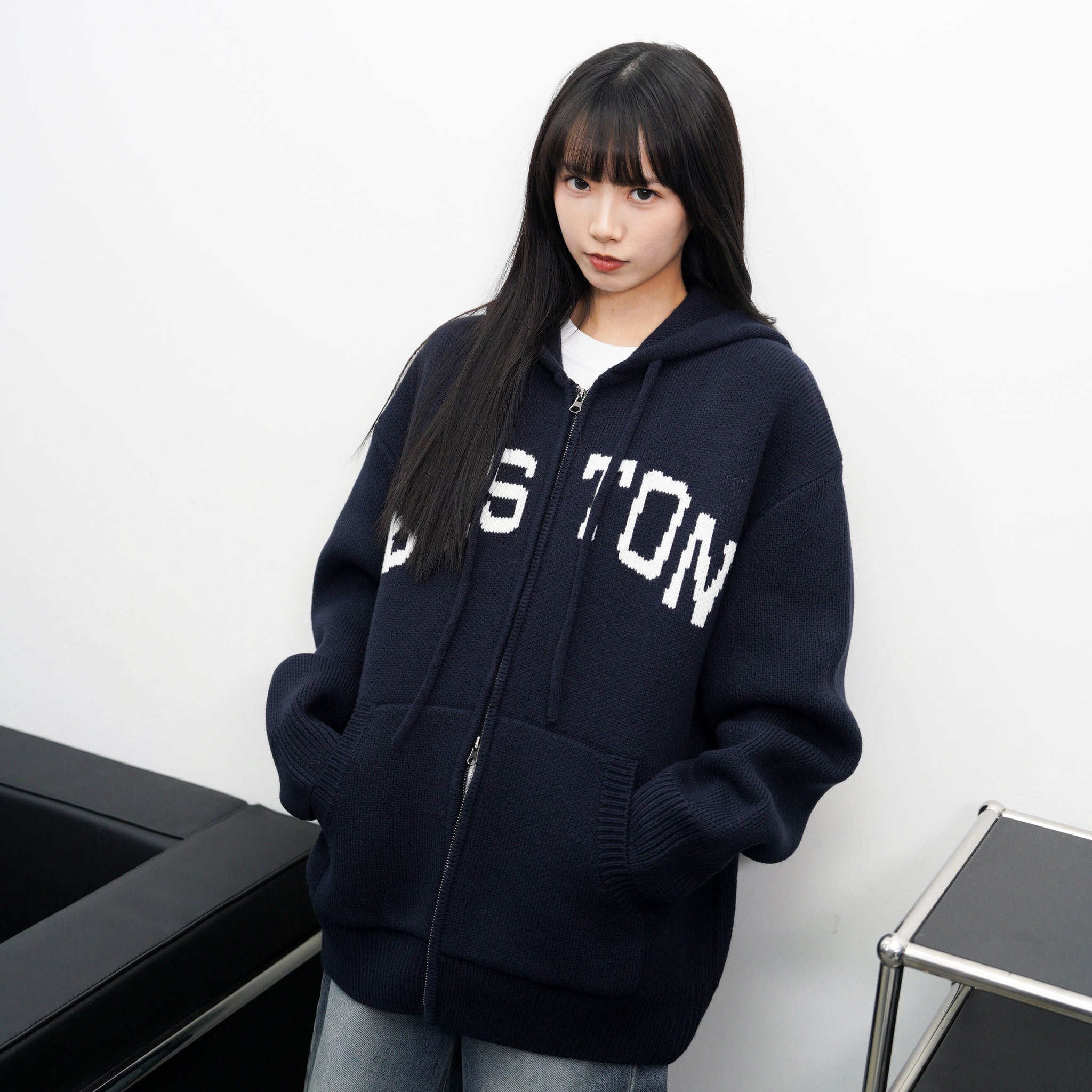 [UNISEX] BOSTON 2WAY OVERSIZE HOODED ZIP-UP KNIT/ 3色