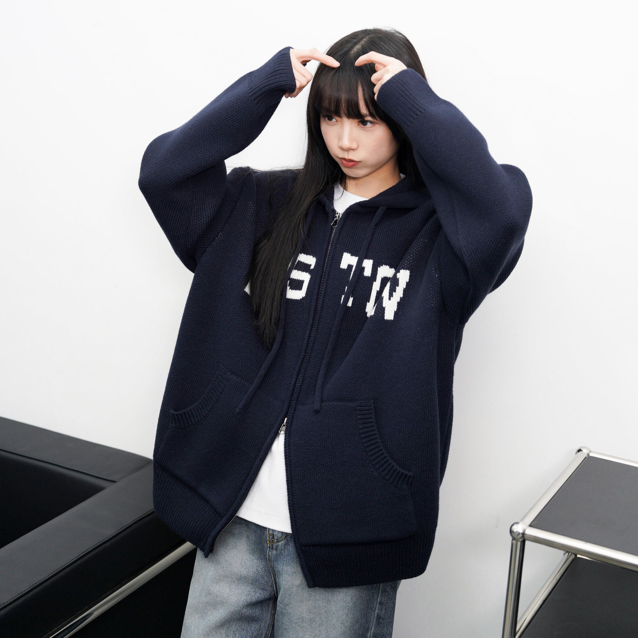 [UNISEX] BOSTON 2WAY OVERSIZE HOODED ZIP-UP KNIT/ 3色