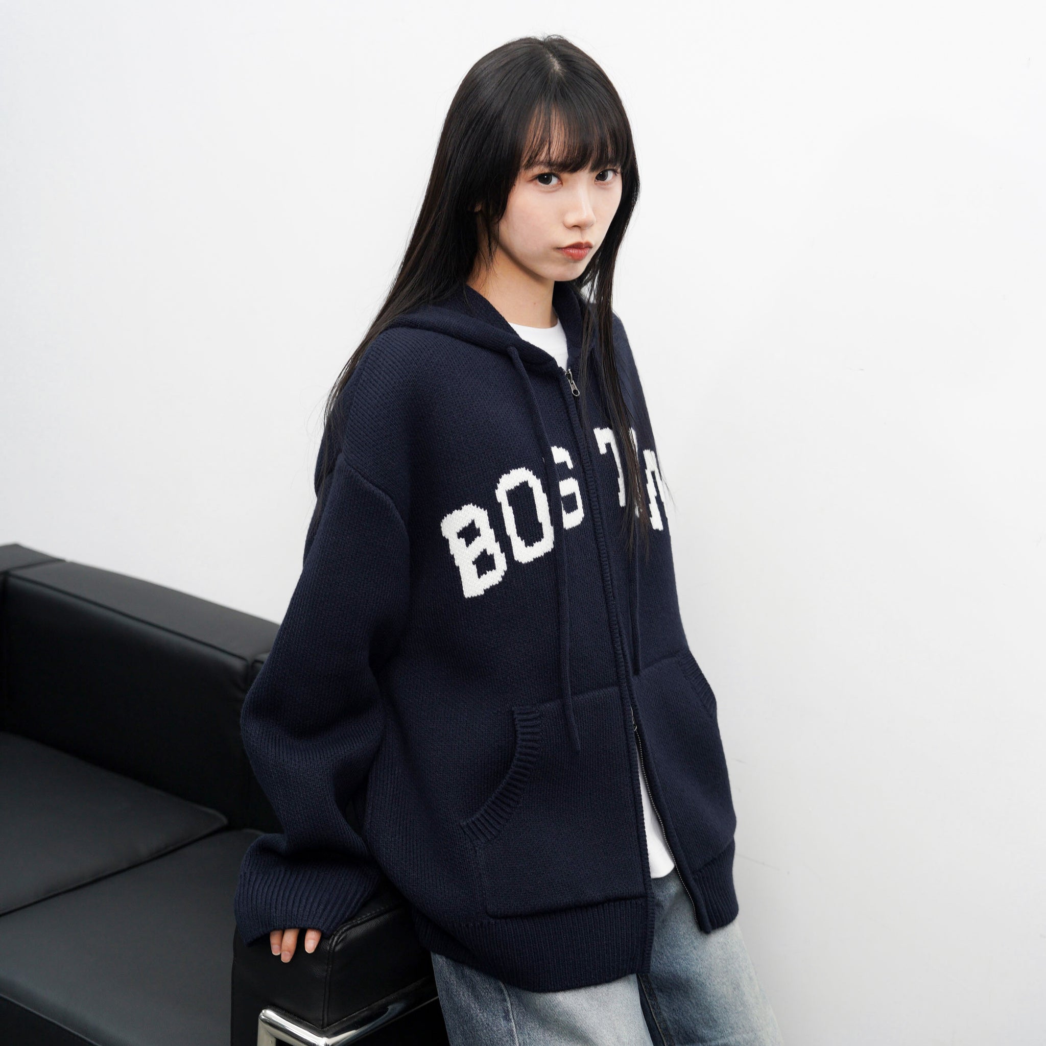 [UNISEX] BOSTON 2WAY OVERSIZE HOODED ZIP-UP KNIT/ 4色