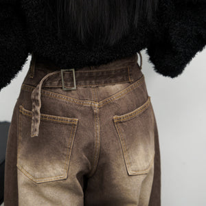 BELTED WASHED BROWN DENIM PANTS/ 1色