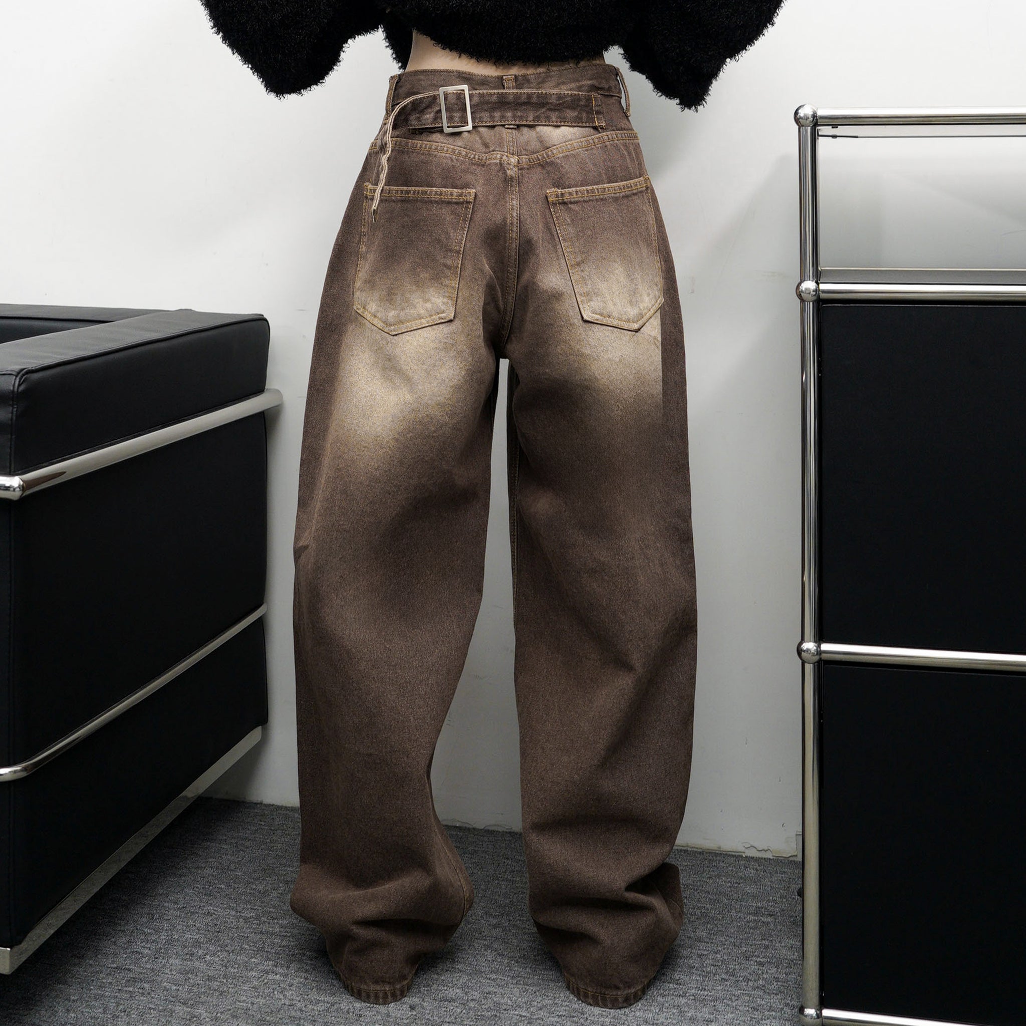 BELTED WASHED BROWN DENIM PANTS/ 1色