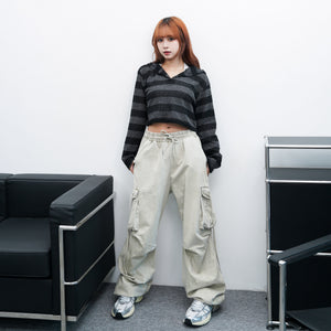 [UNISEX] 極高腰水洗STRING CARGO BANDING PANTS/ 2色