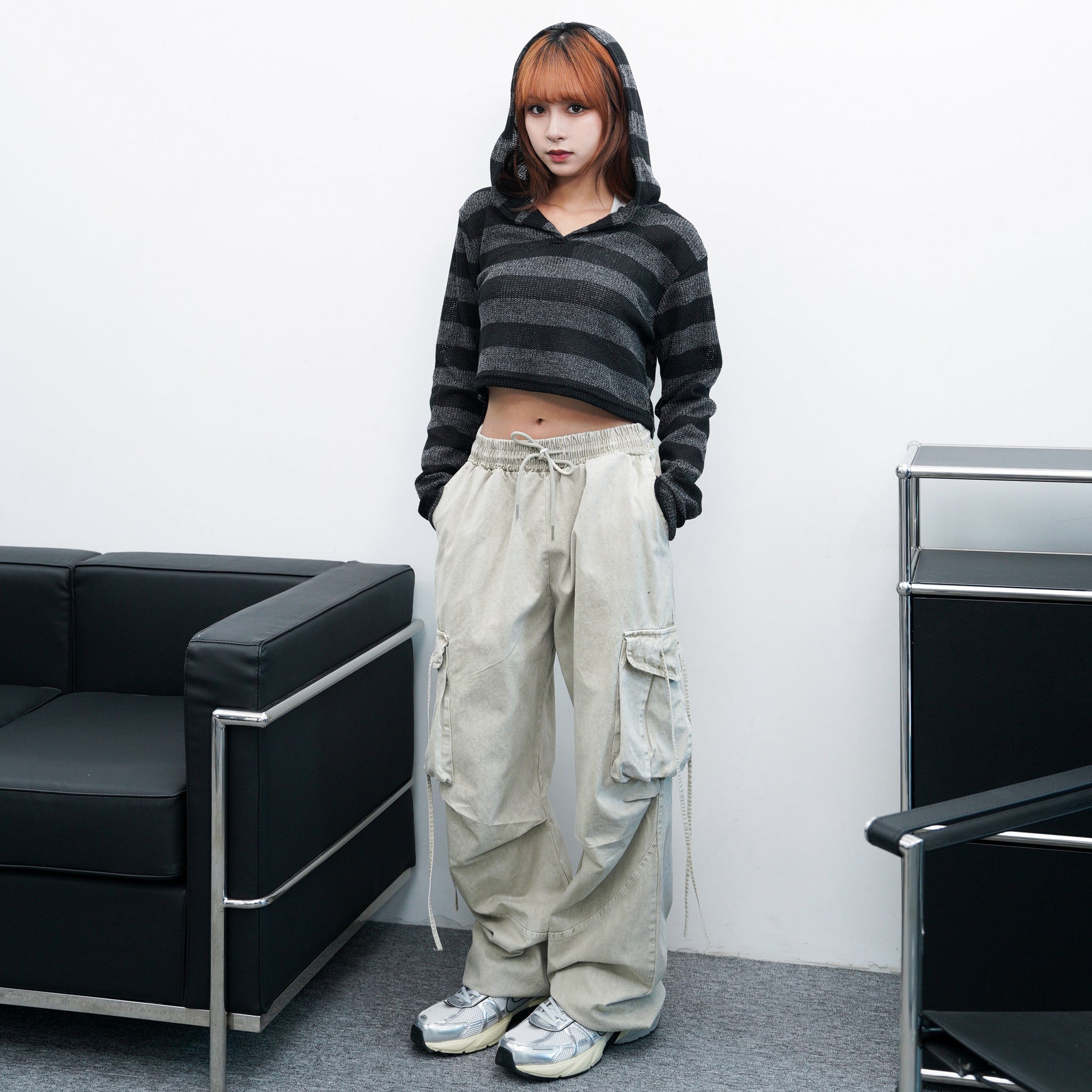 [UNISEX] 極高腰水洗STRING CARGO BANDING PANTS/ 2色