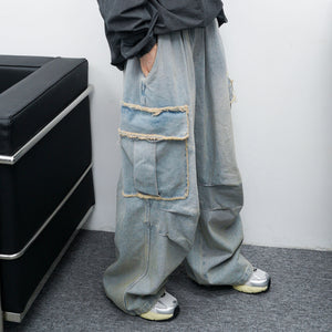 [UNISEX] 做舊微泛黃重磅LIGHT BLUE WASHED CARGO BANDING DENIM PANTS/ 1色