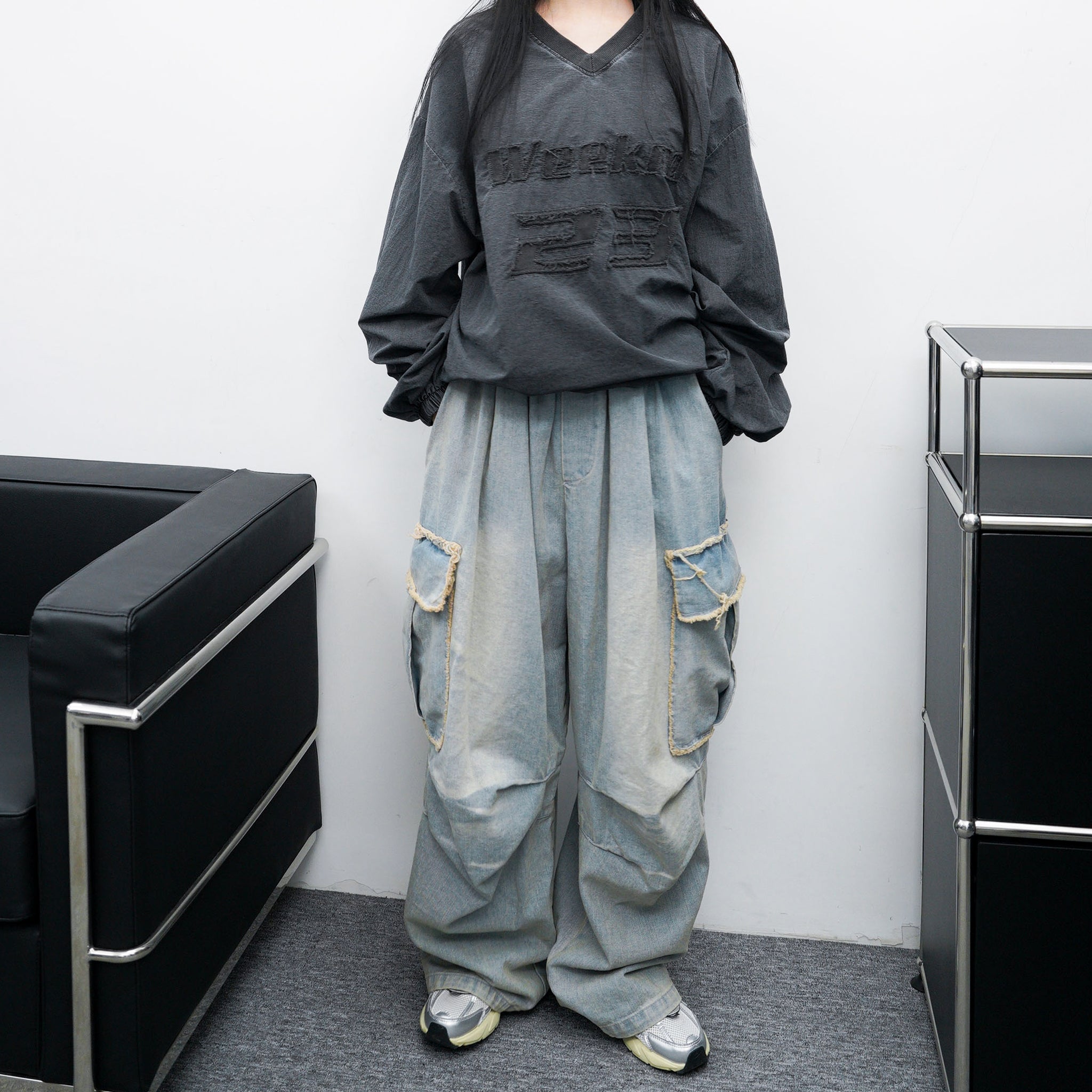 [UNISEX] 做舊微泛黃重磅LIGHT BLUE WASHED CARGO BANDING DENIM PANTS/ 1色