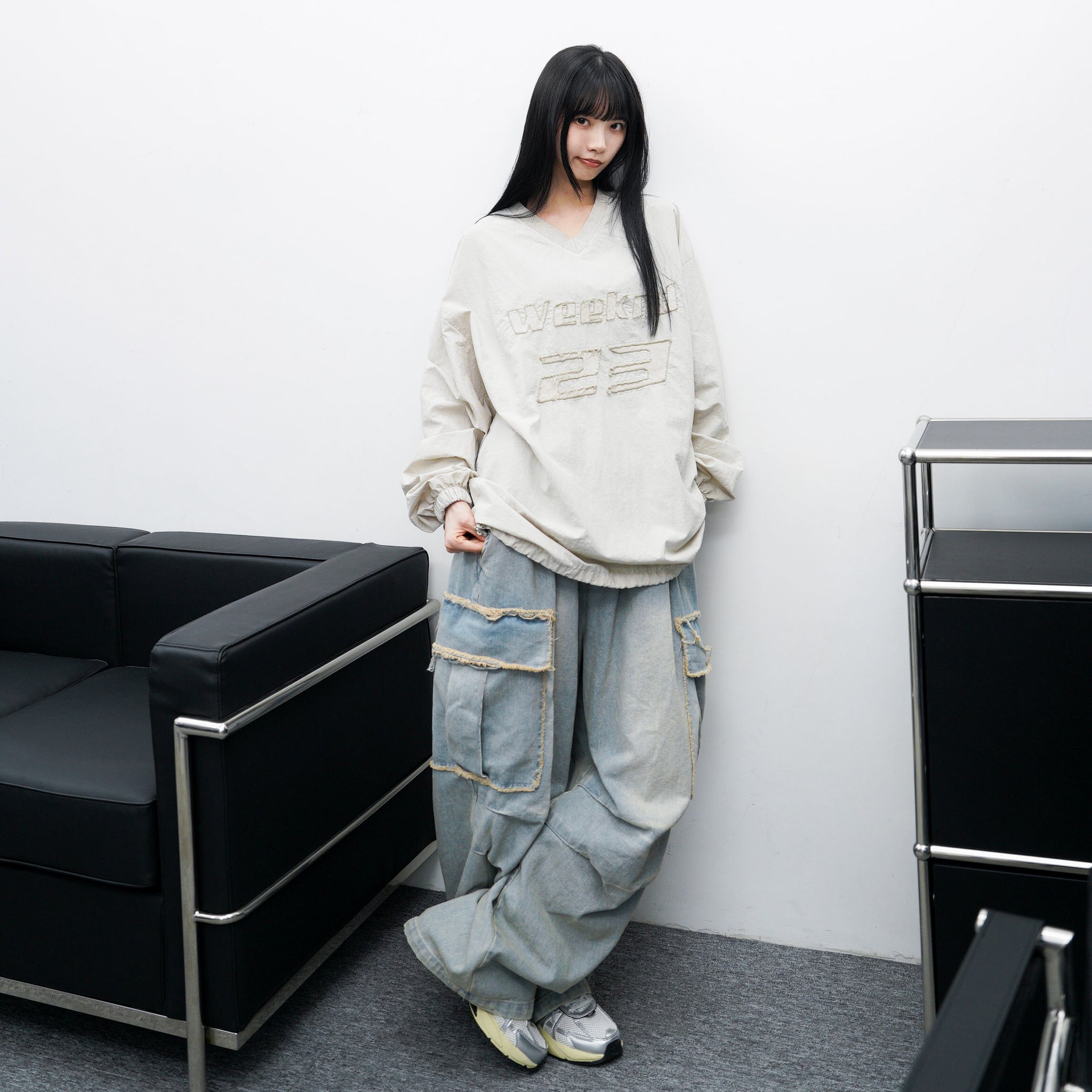 [UNISEX] 做舊微泛黃重磅LIGHT BLUE WASHED CARGO BANDING DENIM PANTS/ 1色