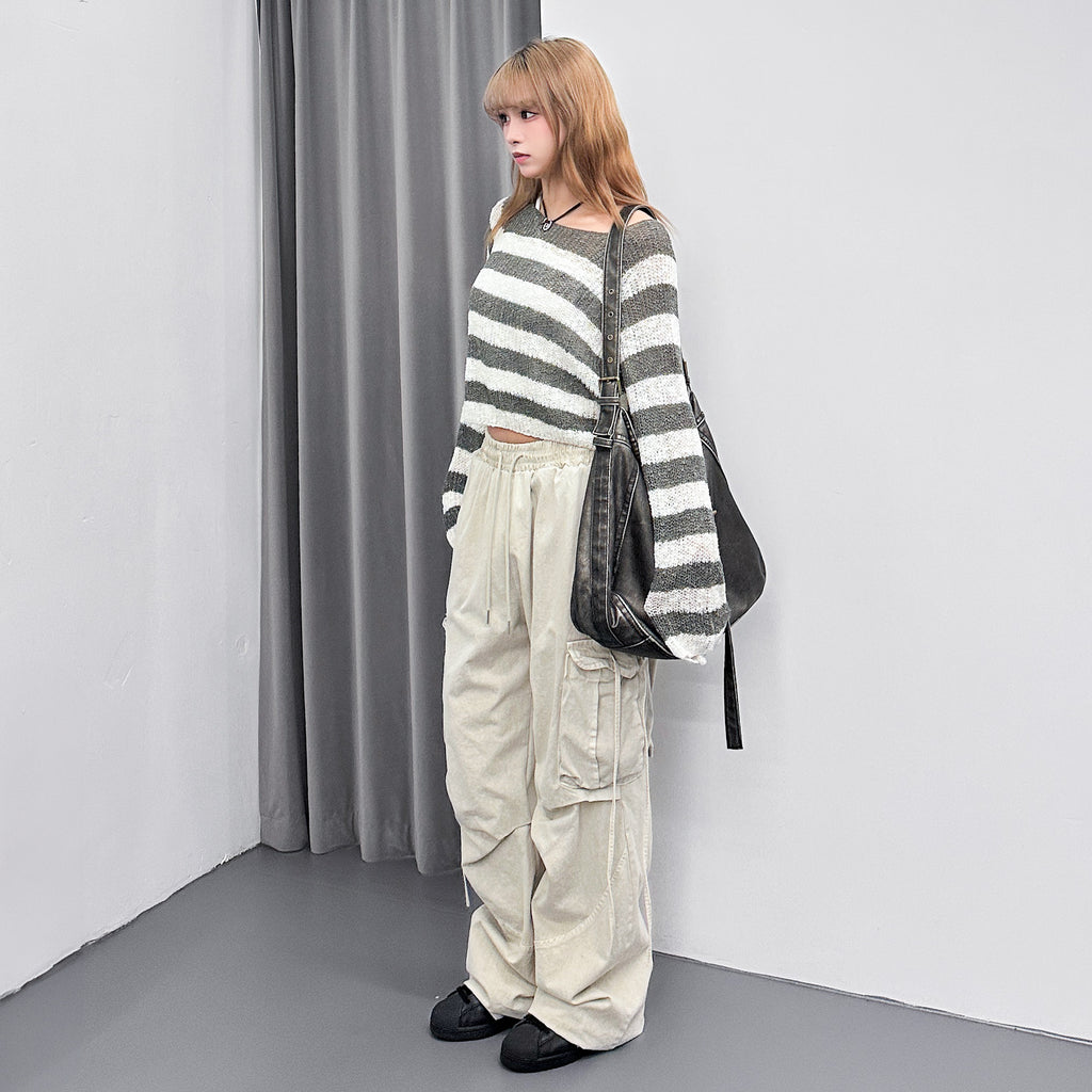[UNISEX] 極高腰水洗STRING CARGO BANDING PANTS/ 2色