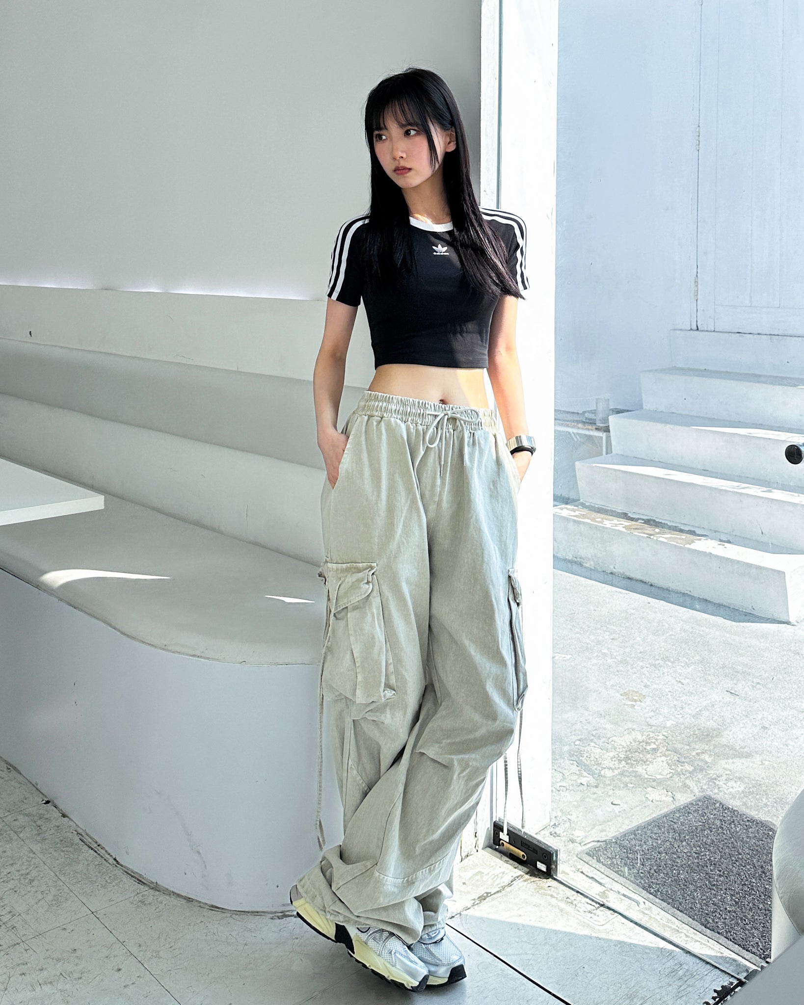 [UNISEX] 極高腰水洗STRING CARGO BANDING PANTS/ 1色