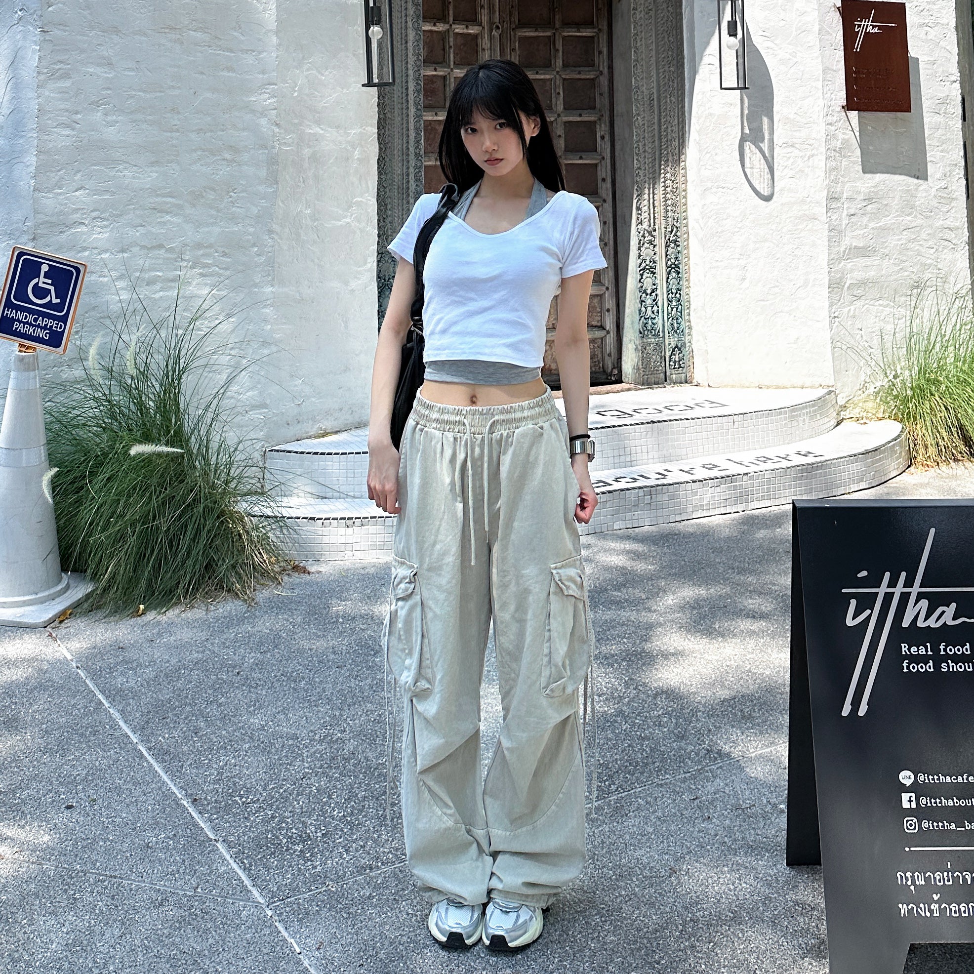 [UNISEX] 極高腰水洗STRING CARGO BANDING PANTS/ 1色