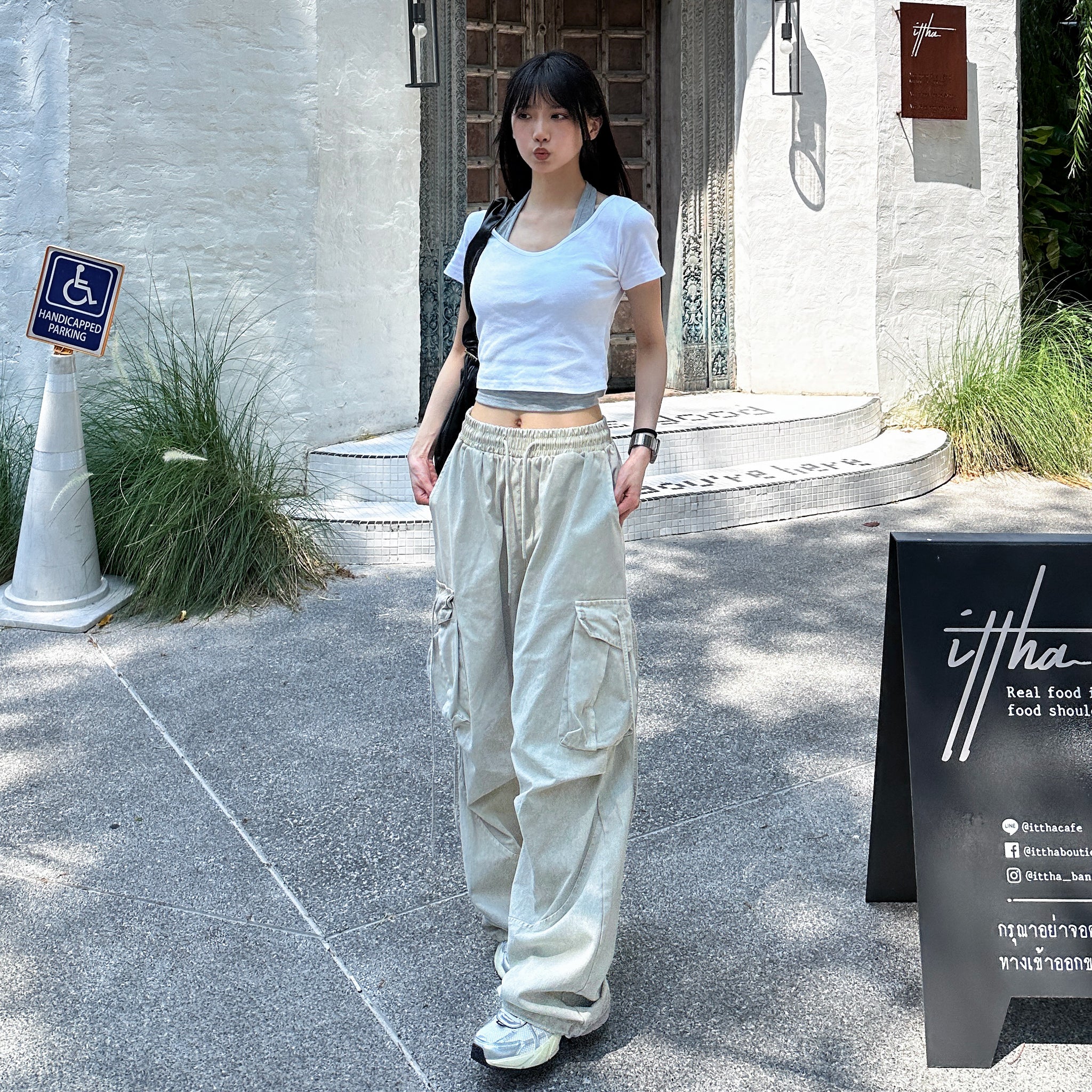 [UNISEX] 極高腰水洗STRING CARGO BANDING PANTS/ 1色