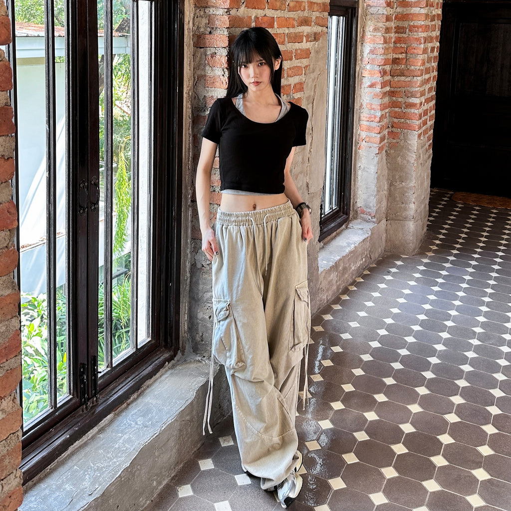 [UNISEX] 極高腰水洗STRING CARGO BANDING PANTS/ 1色