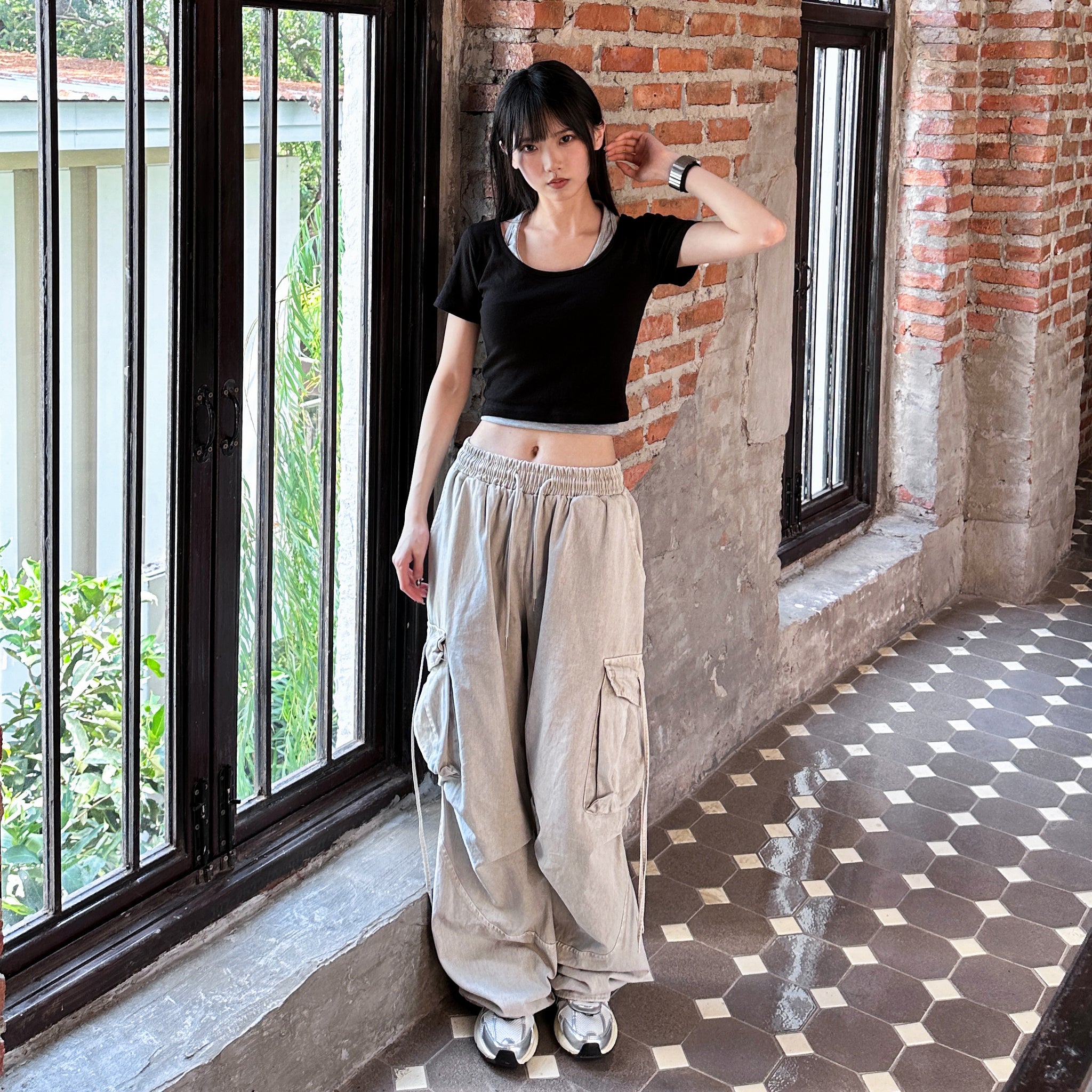 [UNISEX] 極高腰水洗STRING CARGO BANDING PANTS/ 1色