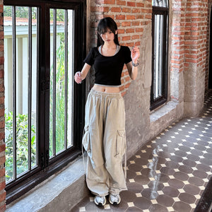 [UNISEX] 極高腰水洗STRING CARGO BANDING PANTS/ 1色