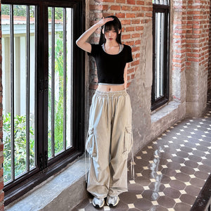 [UNISEX] 極高腰水洗STRING CARGO BANDING PANTS/ 1色