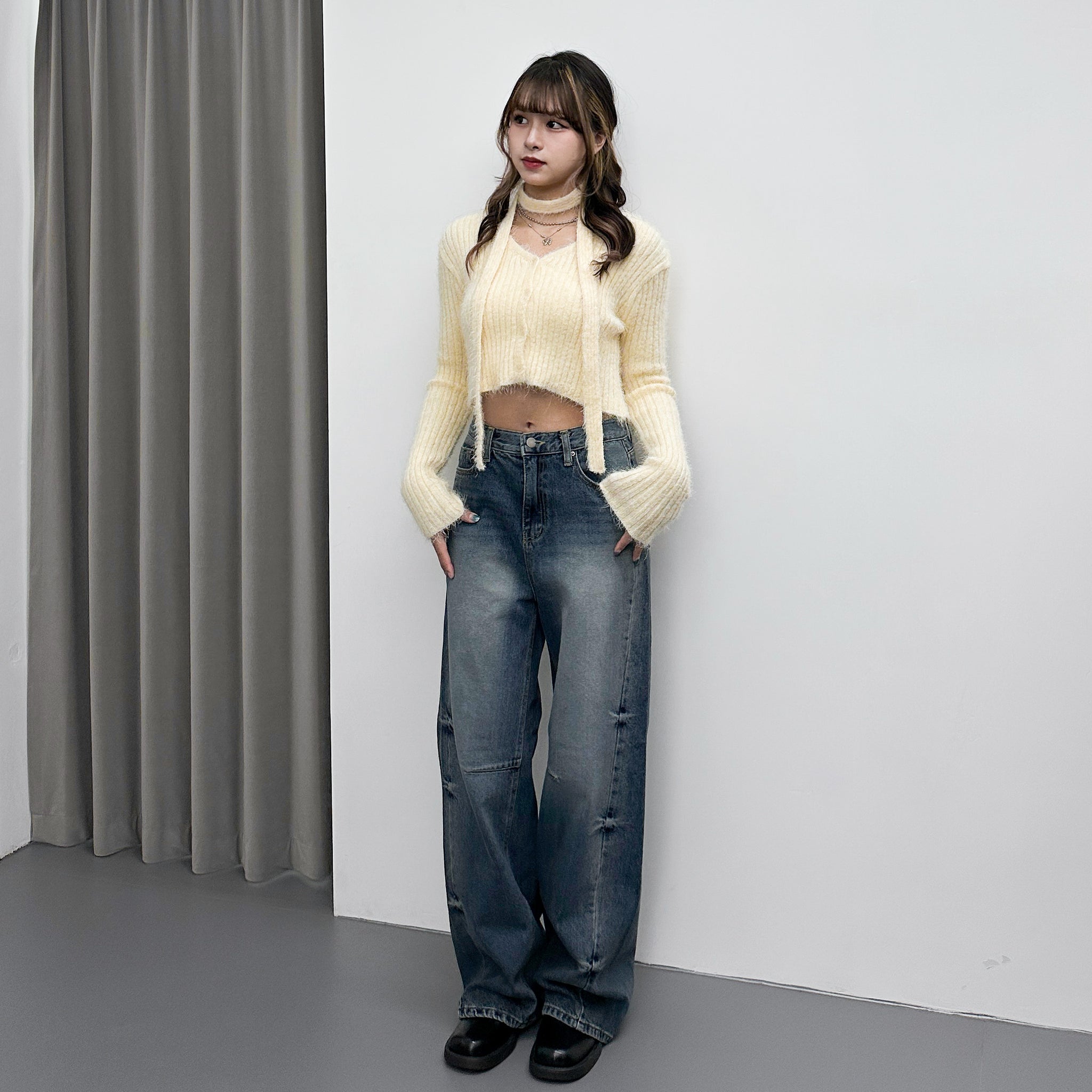 高腰WASHED SIDE PLEATED DENIM PANTS/ 1色