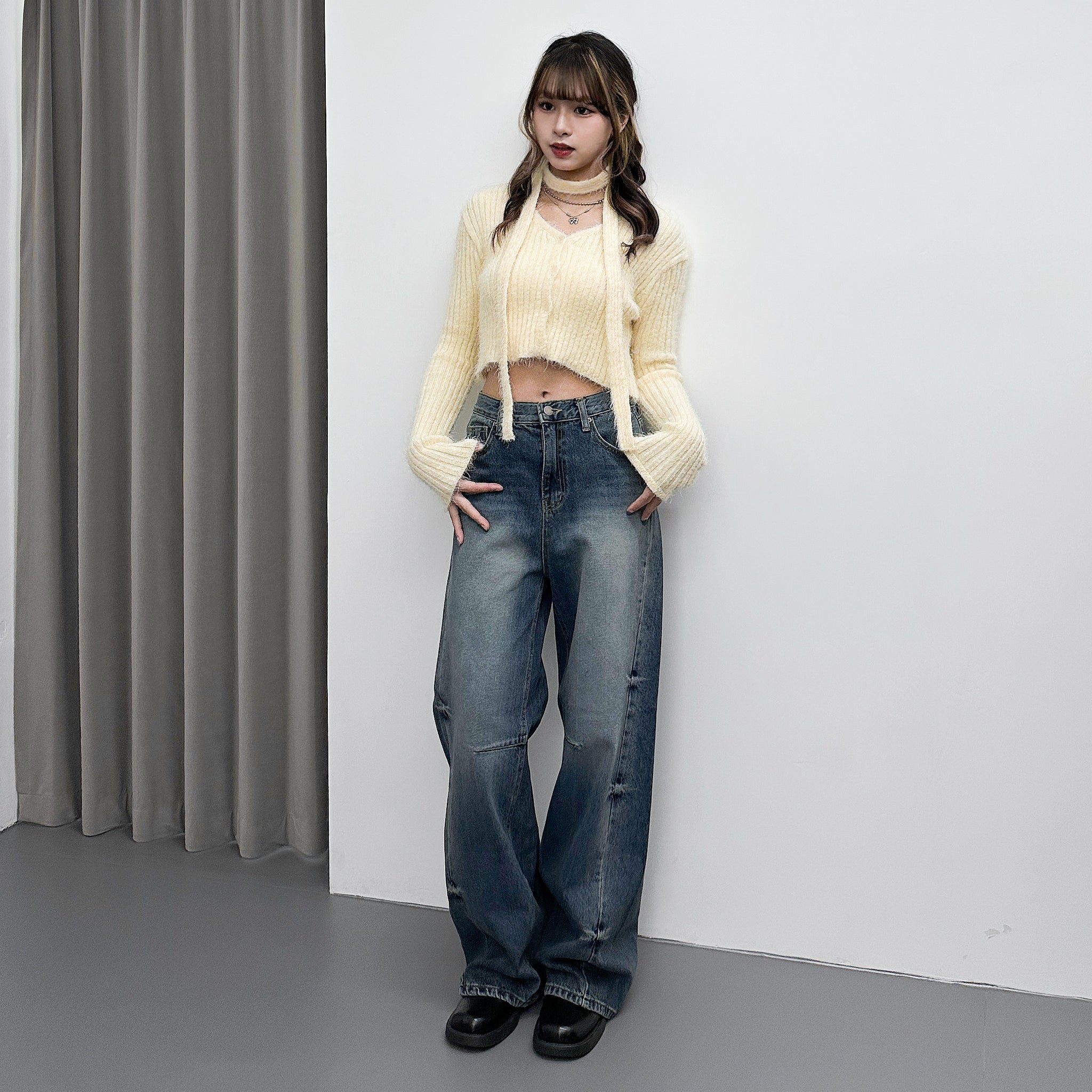 高腰WASHED SIDE PLEATED DENIM PANTS/ 1色