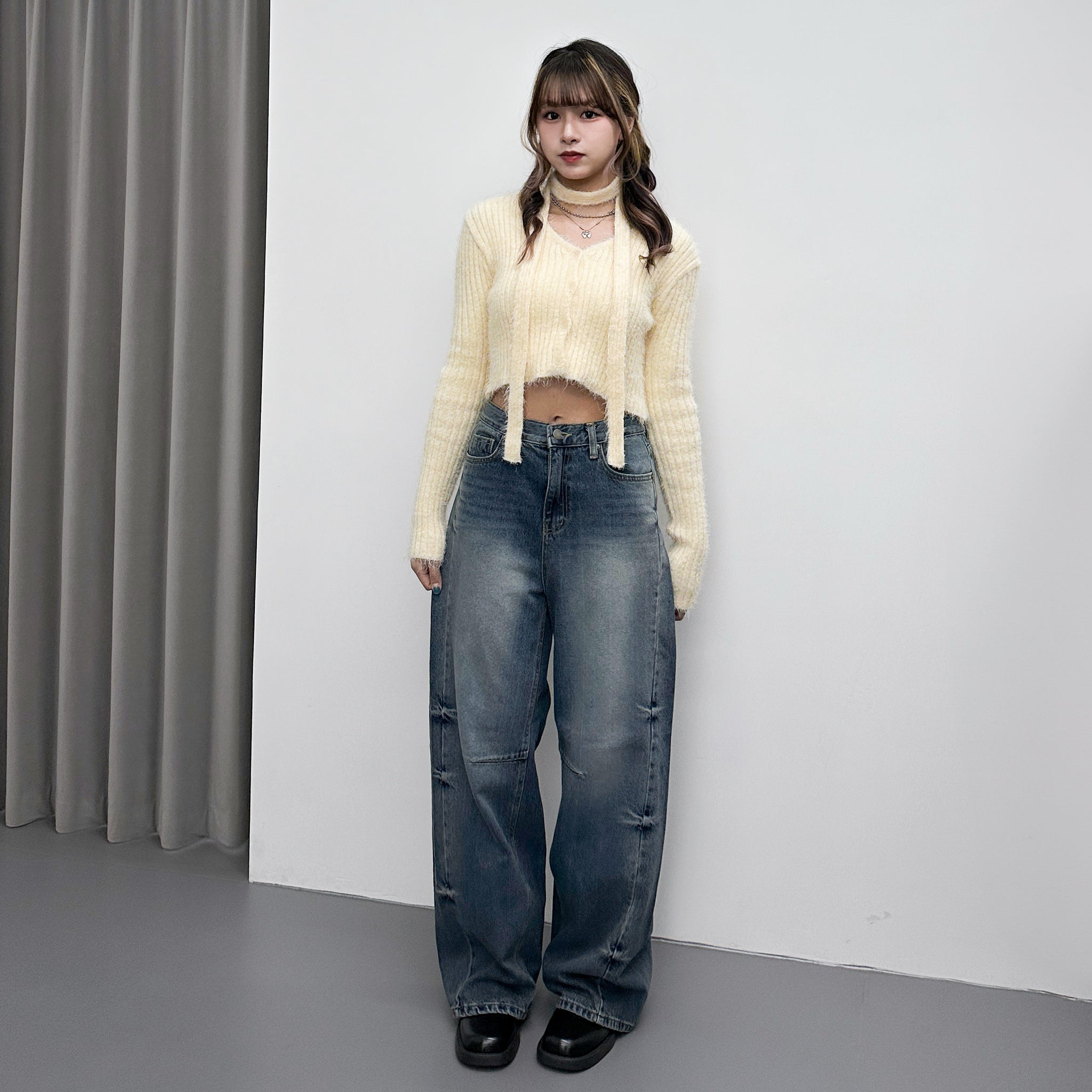 高腰WASHED SIDE PLEATED DENIM PANTS/ 1色