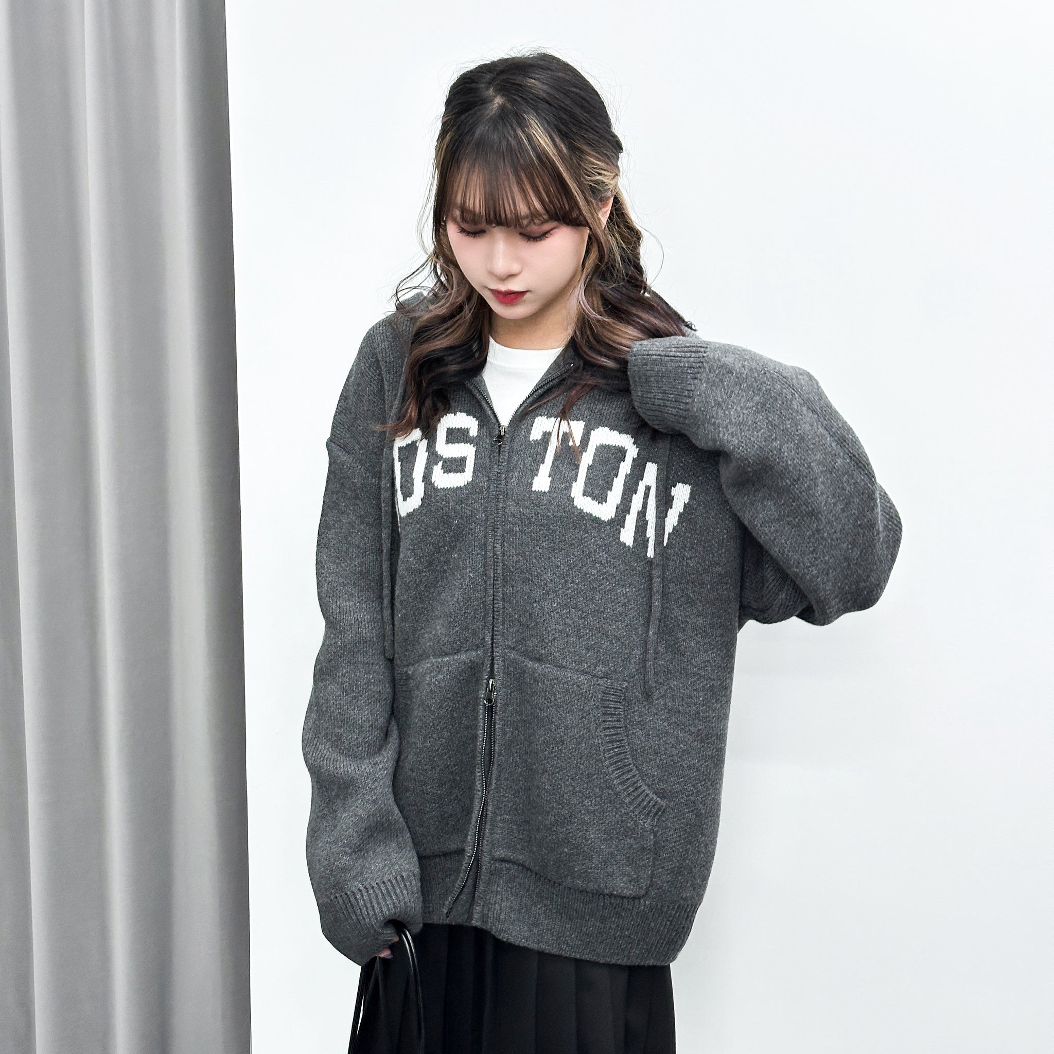 [UNISEX] BOSTON 2WAY OVERSIZE HOODED ZIP-UP KNIT/ 3色