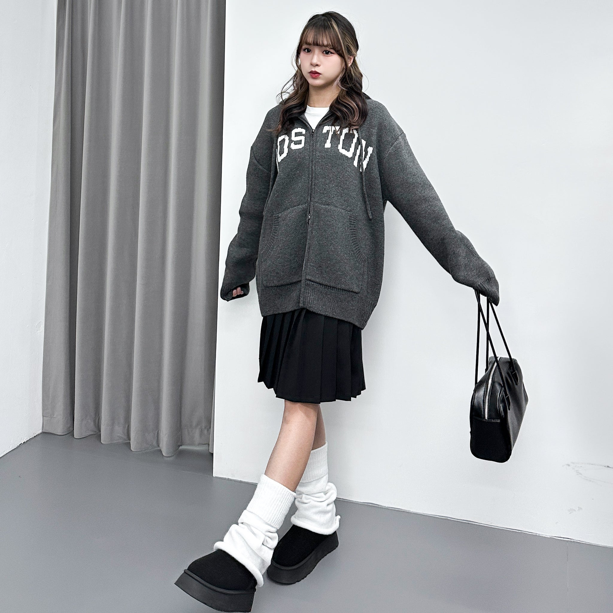 [UNISEX] BOSTON 2WAY OVERSIZE HOODED ZIP-UP KNIT/ 4色