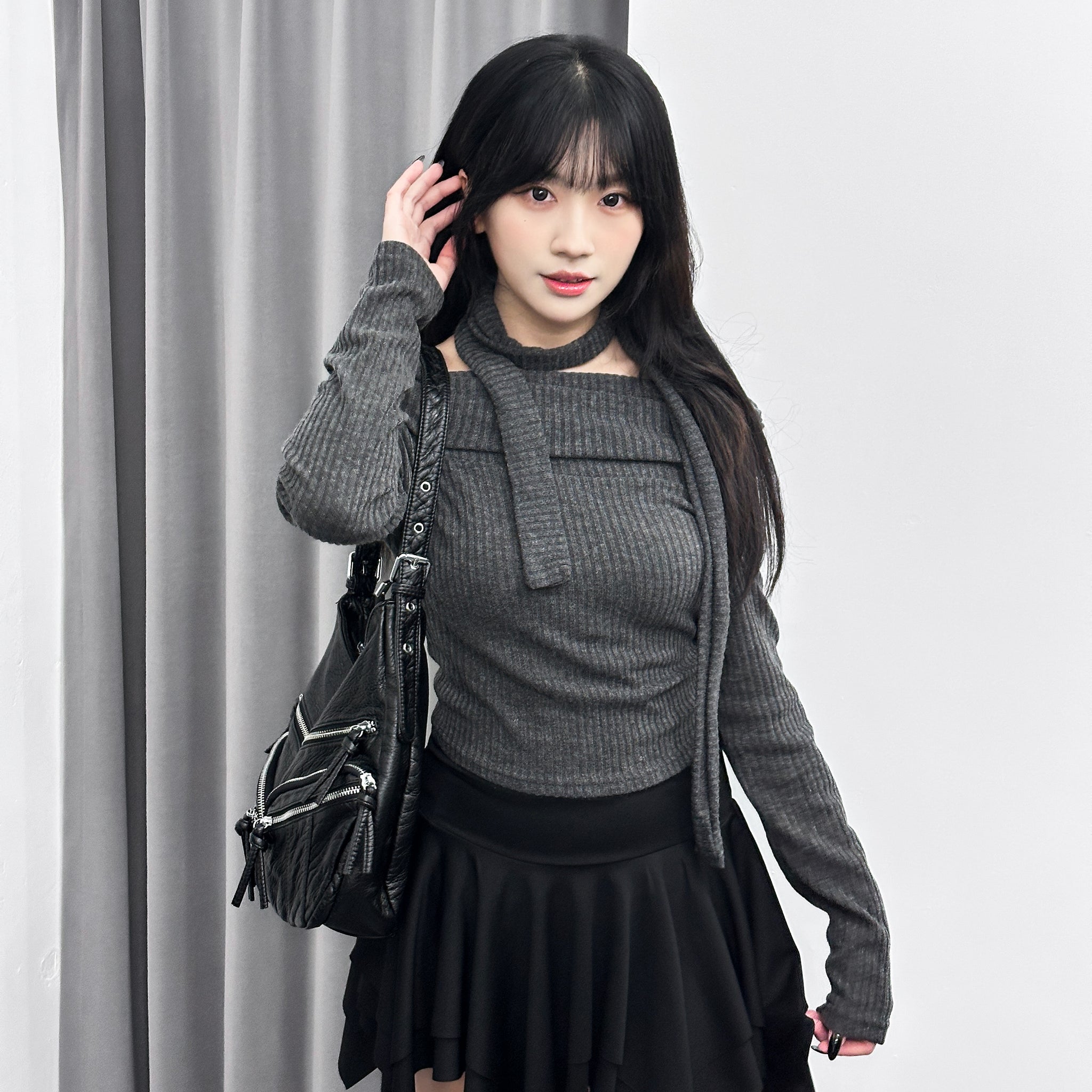 鬆弛感翻領OFF SHOULDER KNITWEAR+頸帶/ 2色