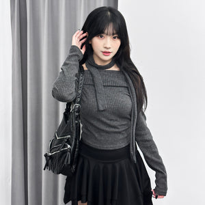 鬆弛感翻領OFF SHOULDER KNITWEAR+頸帶/ 2色