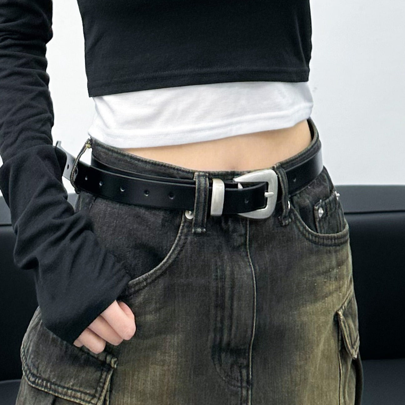 Silver Color Detail Faux Leather Belt/ 1色