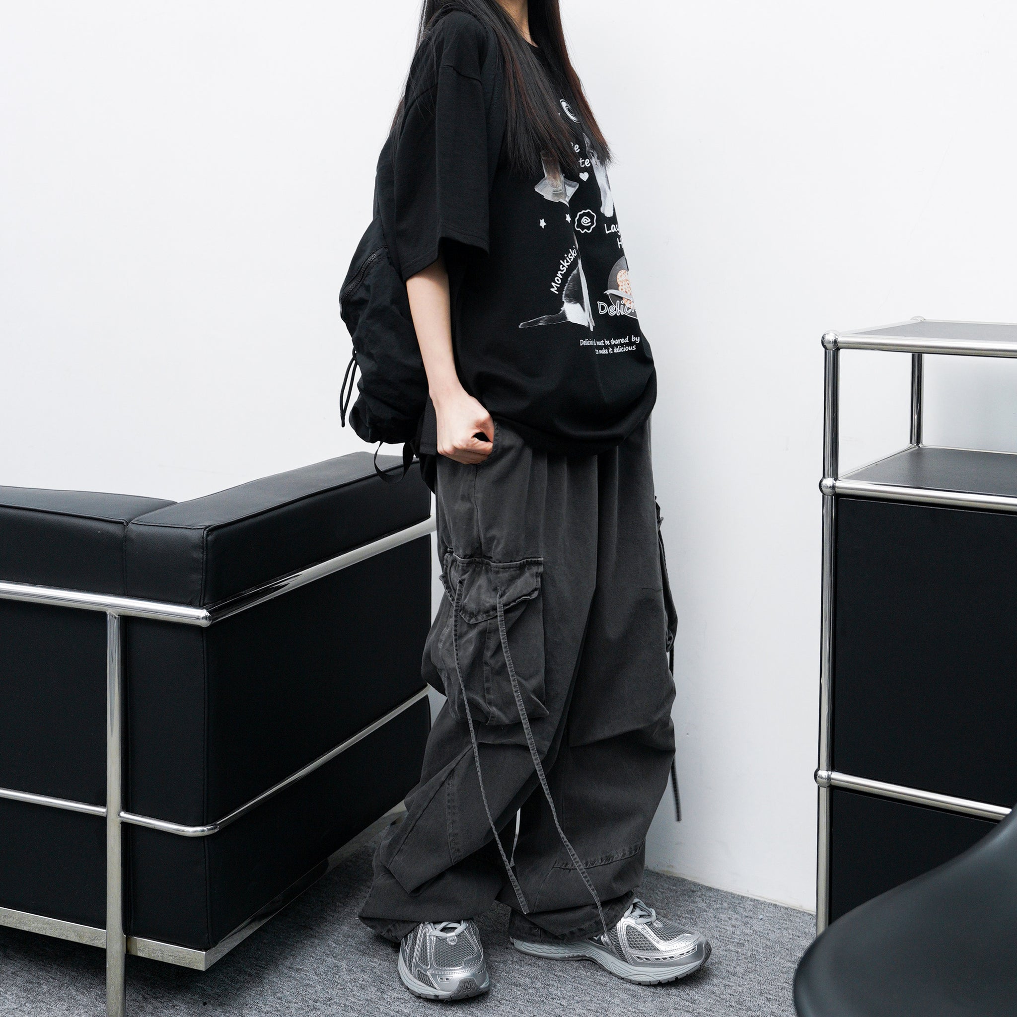 [UNISEX] 極高腰水洗STRING CARGO BANDING PANTS/ 2色