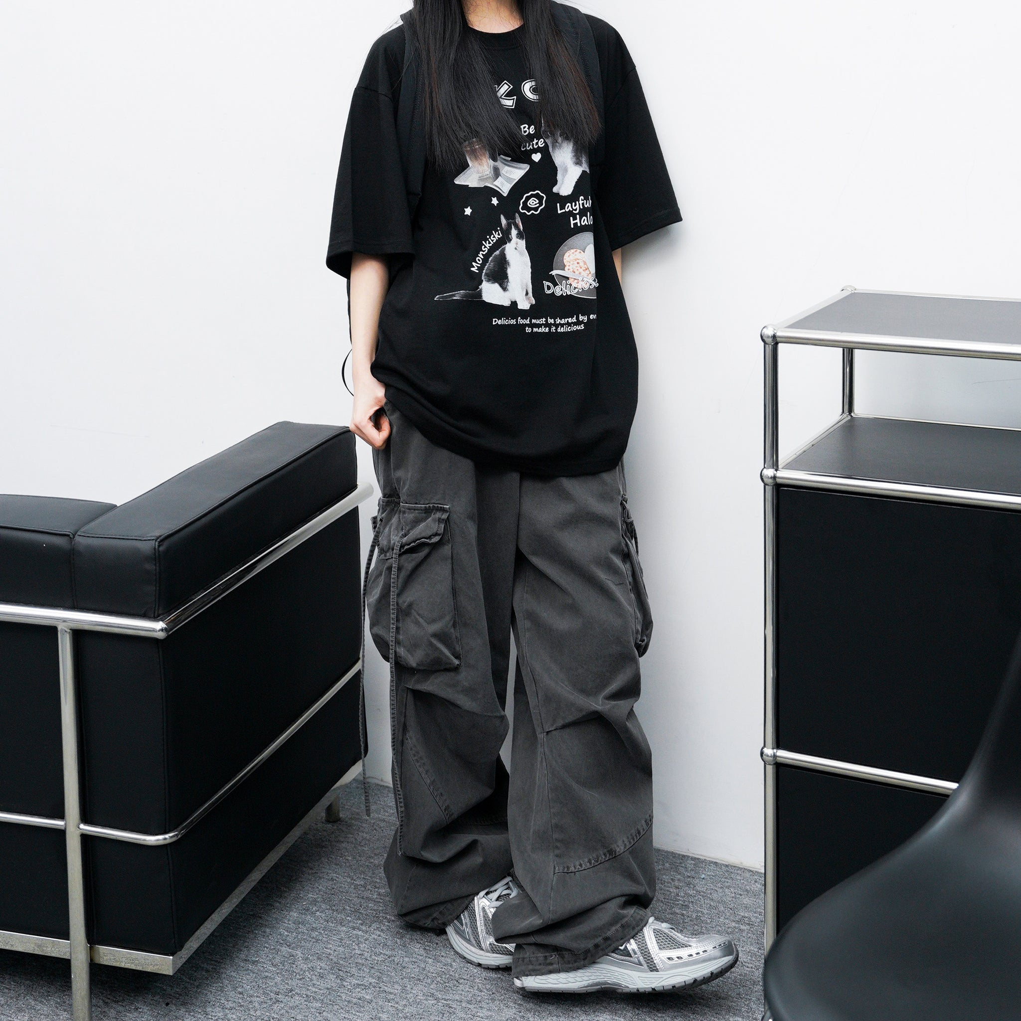 [UNISEX] 極高腰水洗STRING CARGO BANDING PANTS/ 2色