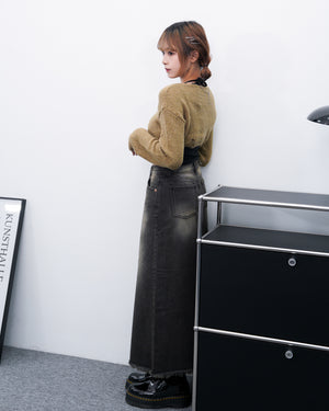 Fringe Incision Washed Denim Long Skirt/ 2色