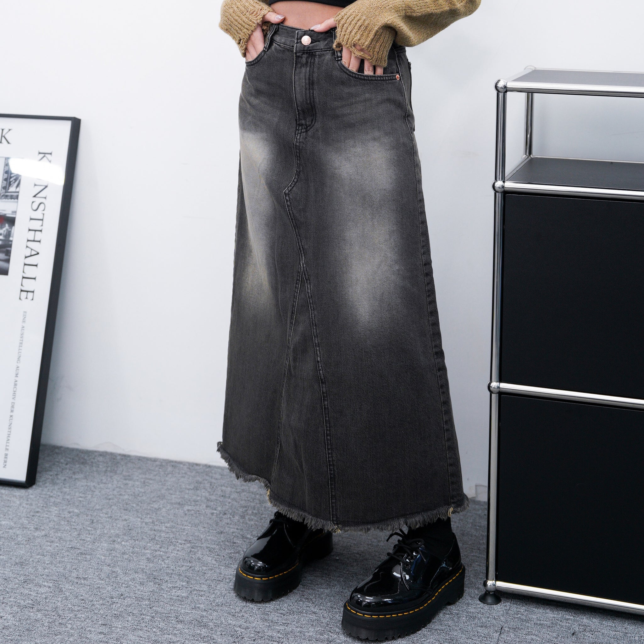 Fringe Incision Washed Denim Long Skirt/ 2色