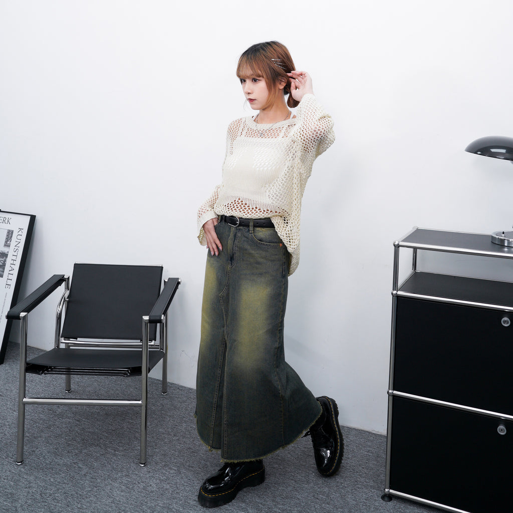 Fringe Incision Washed Denim Long Skirt/ 2色