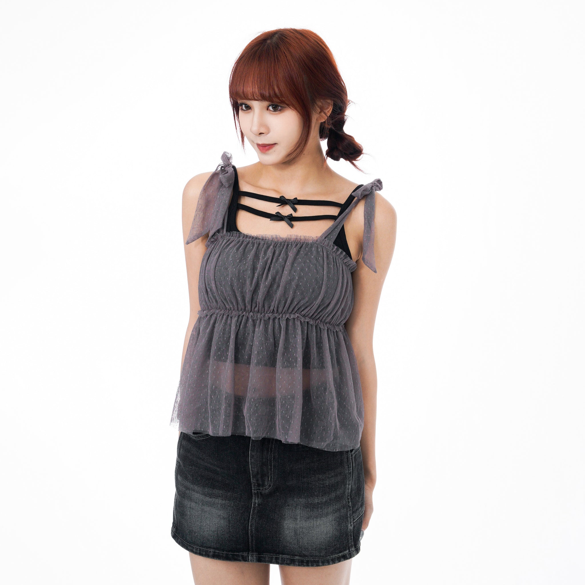 STRAP RIBBON SEE- THROUGH LAYERED SLEEVELESS TOP/ 3色