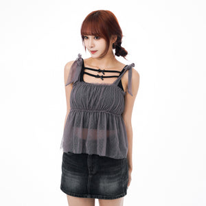 STRAP RIBBON SEE- THROUGH LAYERED SLEEVELESS TOP/ 3色