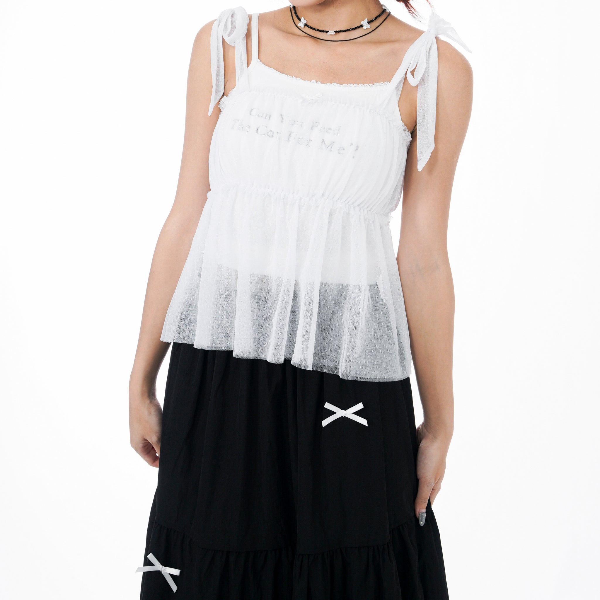 STRAP RIBBON SEE- THROUGH LAYERED SLEEVELESS TOP/ 3色