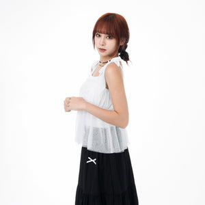 STRAP RIBBON SEE- THROUGH LAYERED SLEEVELESS TOP/ 3色