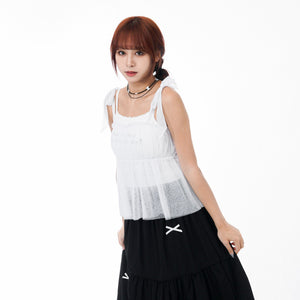 STRAP RIBBON SEE- THROUGH LAYERED SLEEVELESS TOP/ 3色