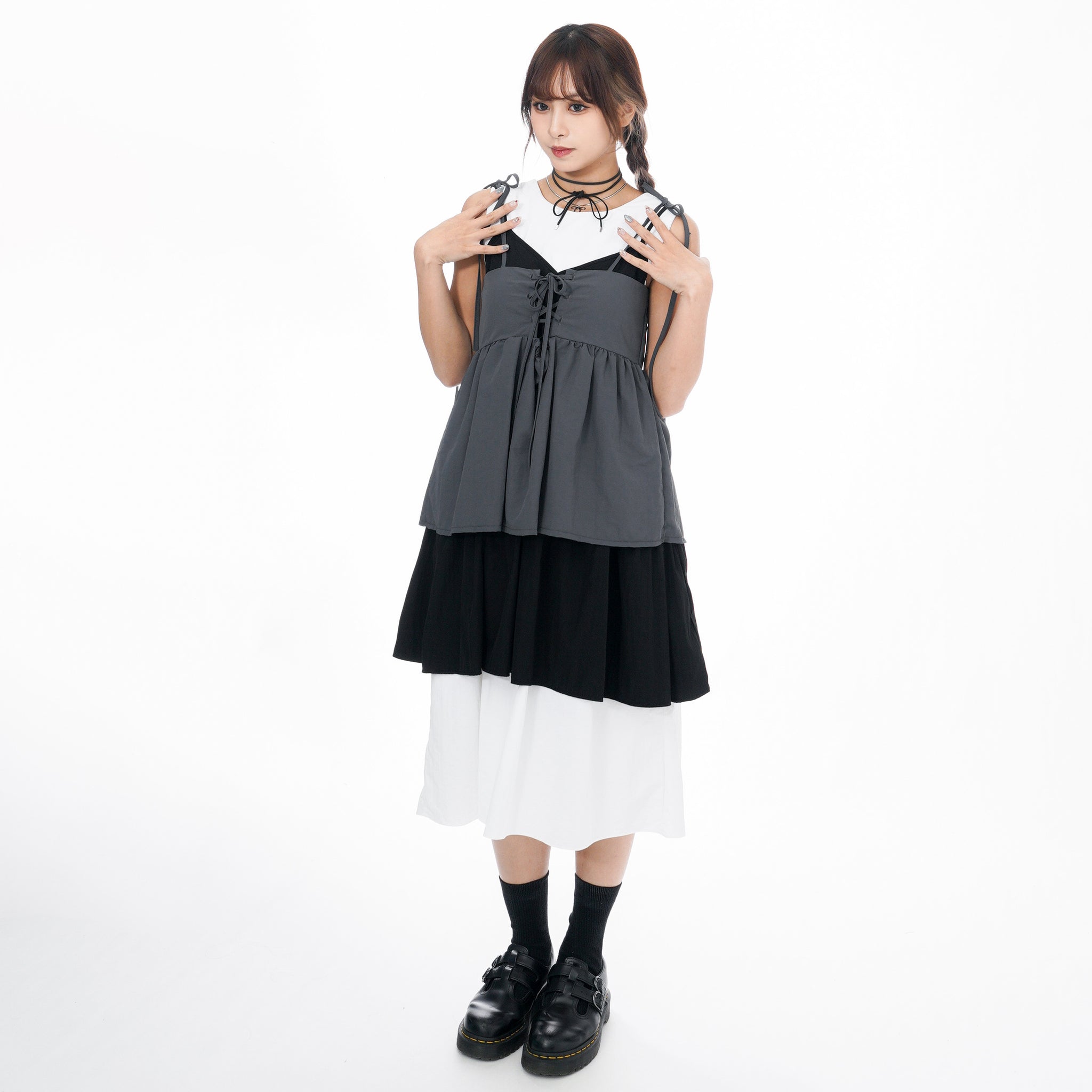 2WAY 3RIBBONS TANK TOP LAYERED DRESS/ 2色