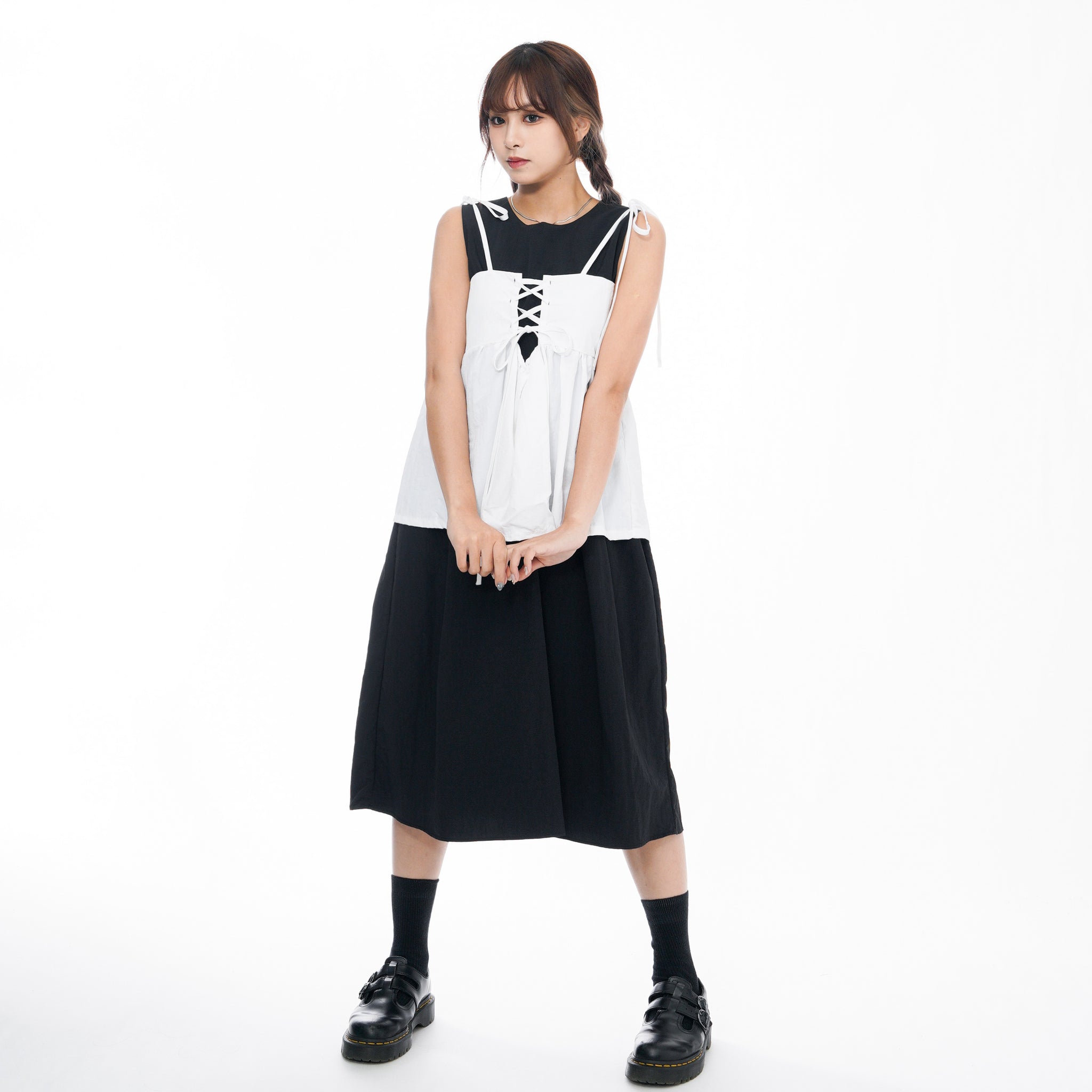 2WAY 3RIBBONS TANK TOP LAYERED DRESS/ 2色